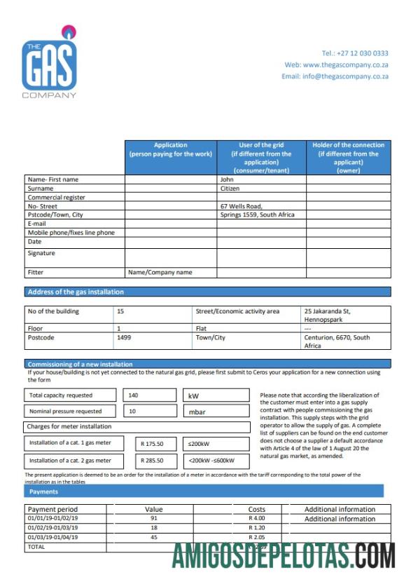 Para baxiar África do Sul Modelo de fatura de serviços públicos de gás da GAS Company em formato Word e PDF